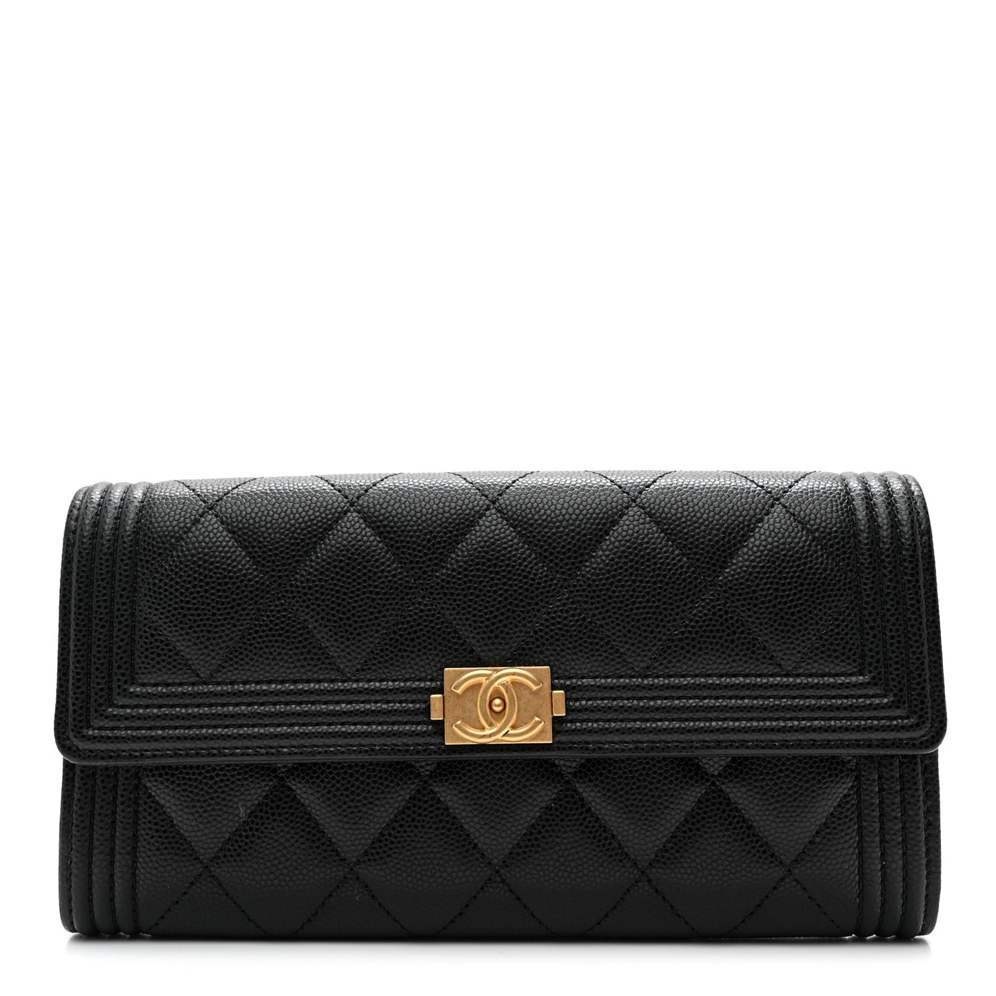 Caviar Quilted Large Boy Gusset Flap Wallet Black