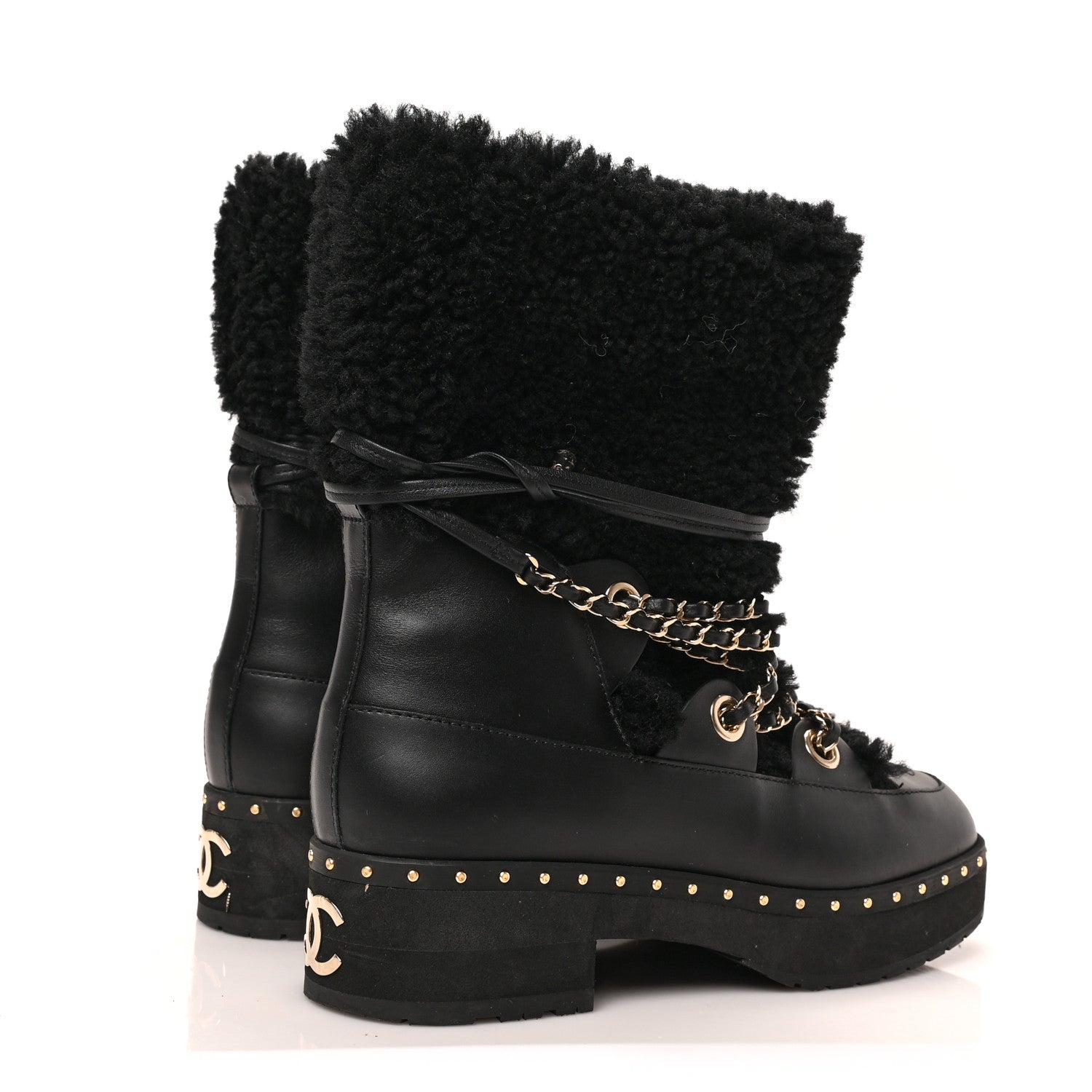 Chanel Calfskin Shearling Lambskin CC Cap Toe Chain Snow Boots 38 Black 4 of 7