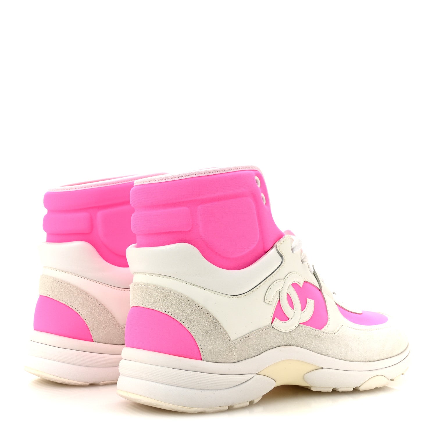 Chanel Suede Calfskin Lambskin Neoprene High Top CC Sneakers 40 White Fluo Pink 5 of 9