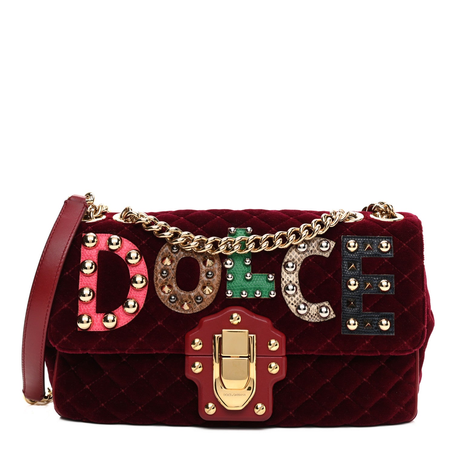Dolce & Gabbana Velvet Watersnake Embellished Lucia Shoulder Bag Dark Purple 1 of 10