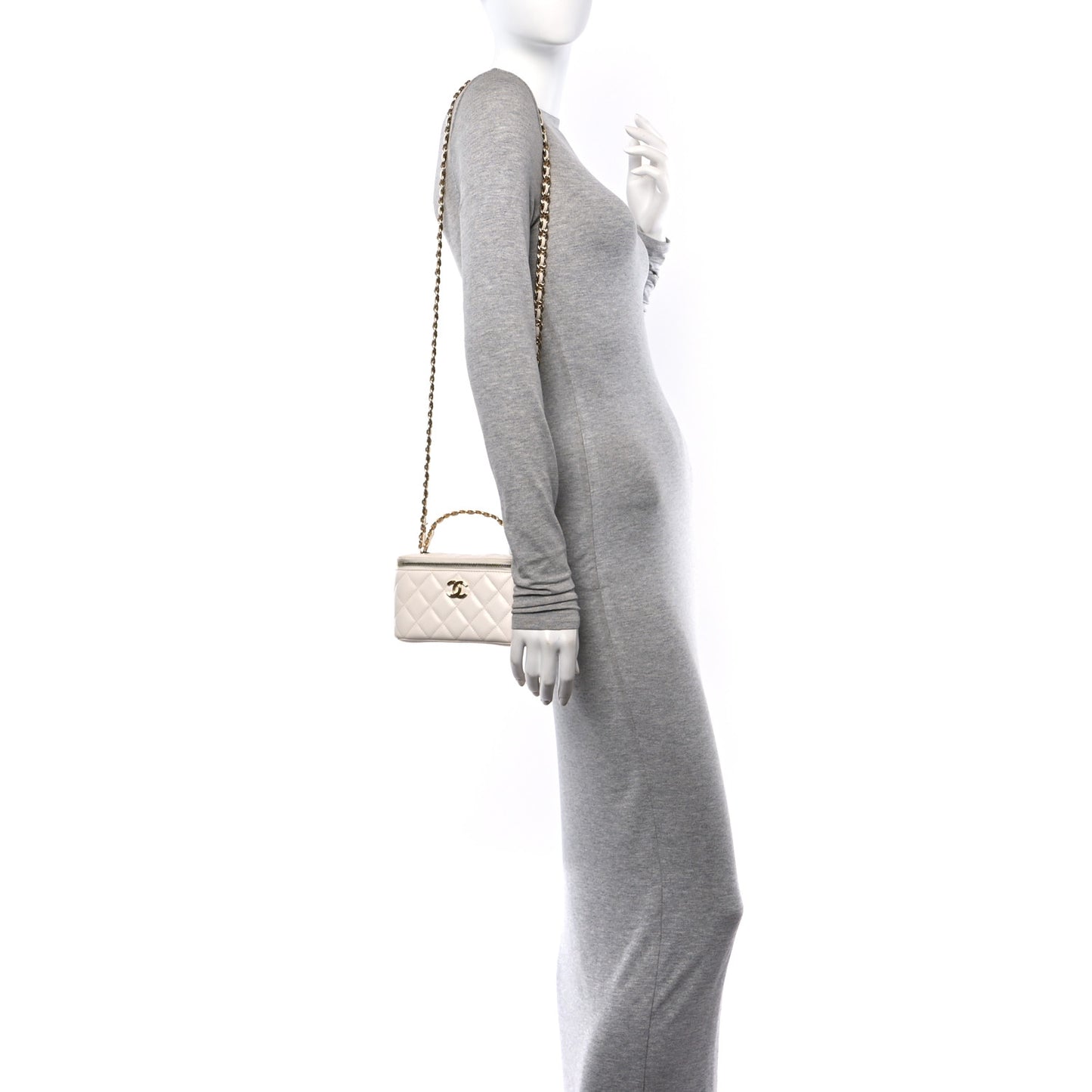 Lambskin Quilted Golden Links Top Handle Vanity Case With Chain White