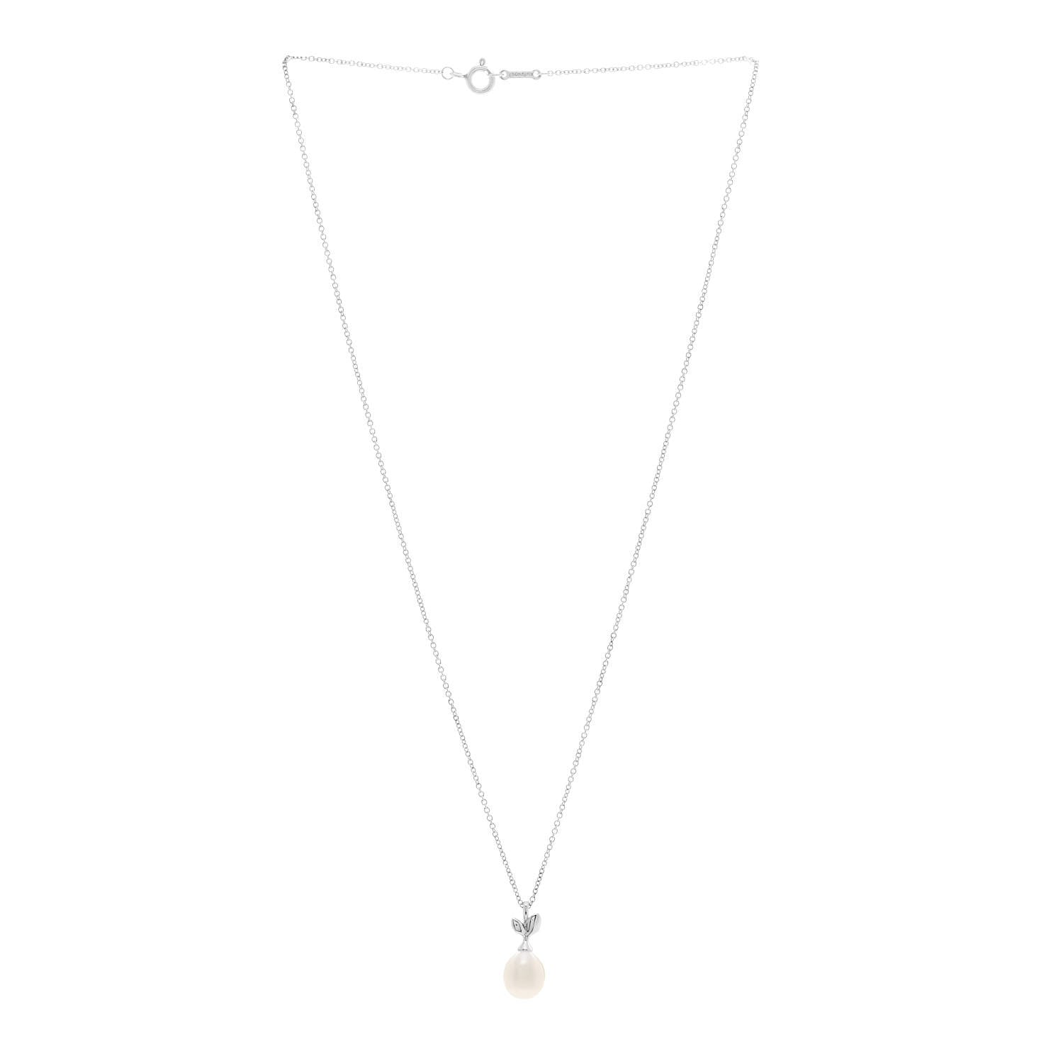 Tiffany Sterling Silver Cultured Pearl Paloma Picasso Olive Leaf Drop Pendant Necklace 3 of 6