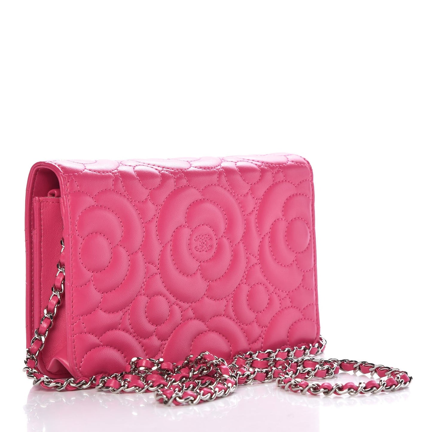 Lambskin Camellia Embossed Wallet on Chain WOC Fuchsia