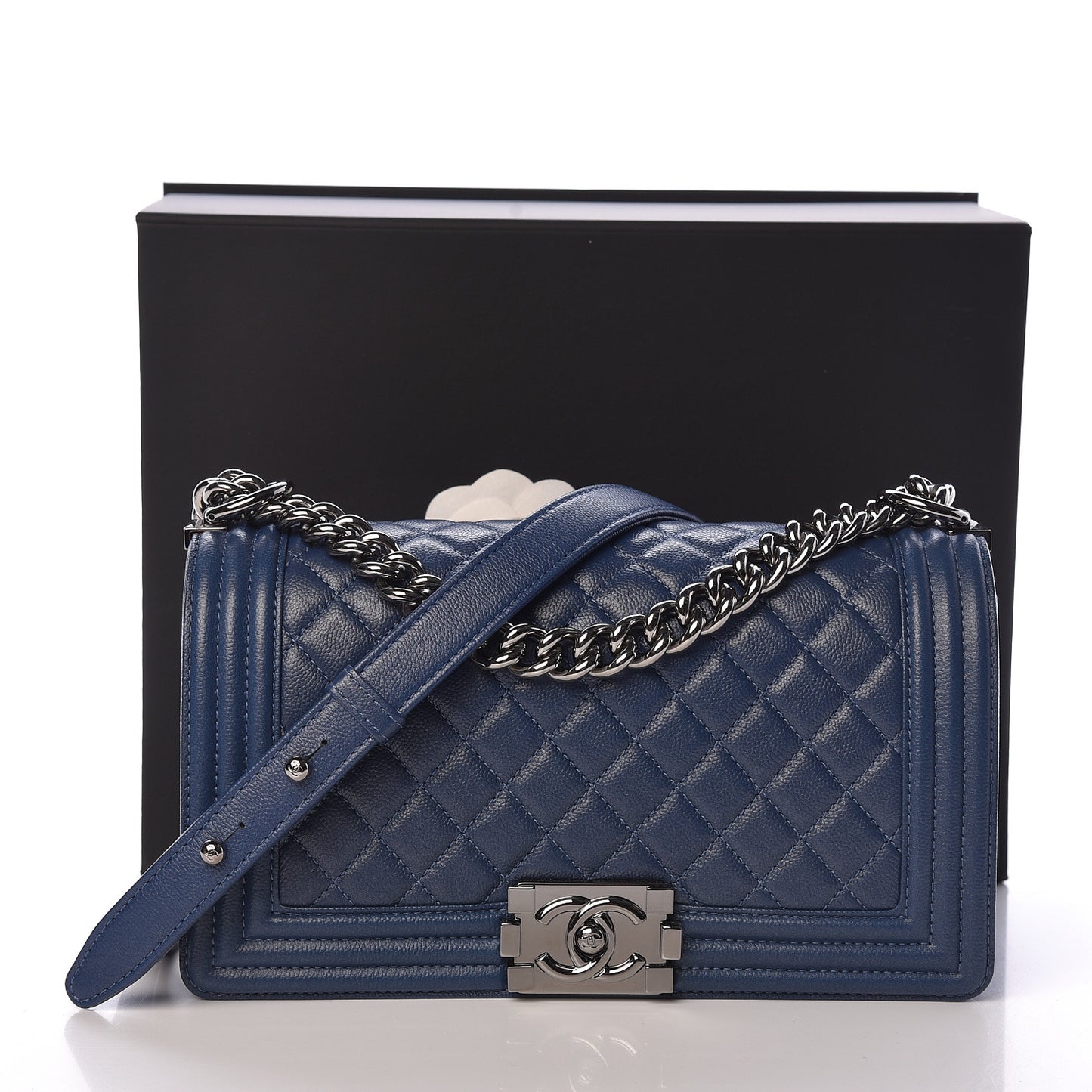 Caviar Quilted Medium Boy Flap Dark Blue