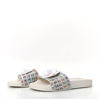 Chanel Tweed Grosgrain Camellia Flat Sandals 38 Ivory Ecru Green 3 of 7