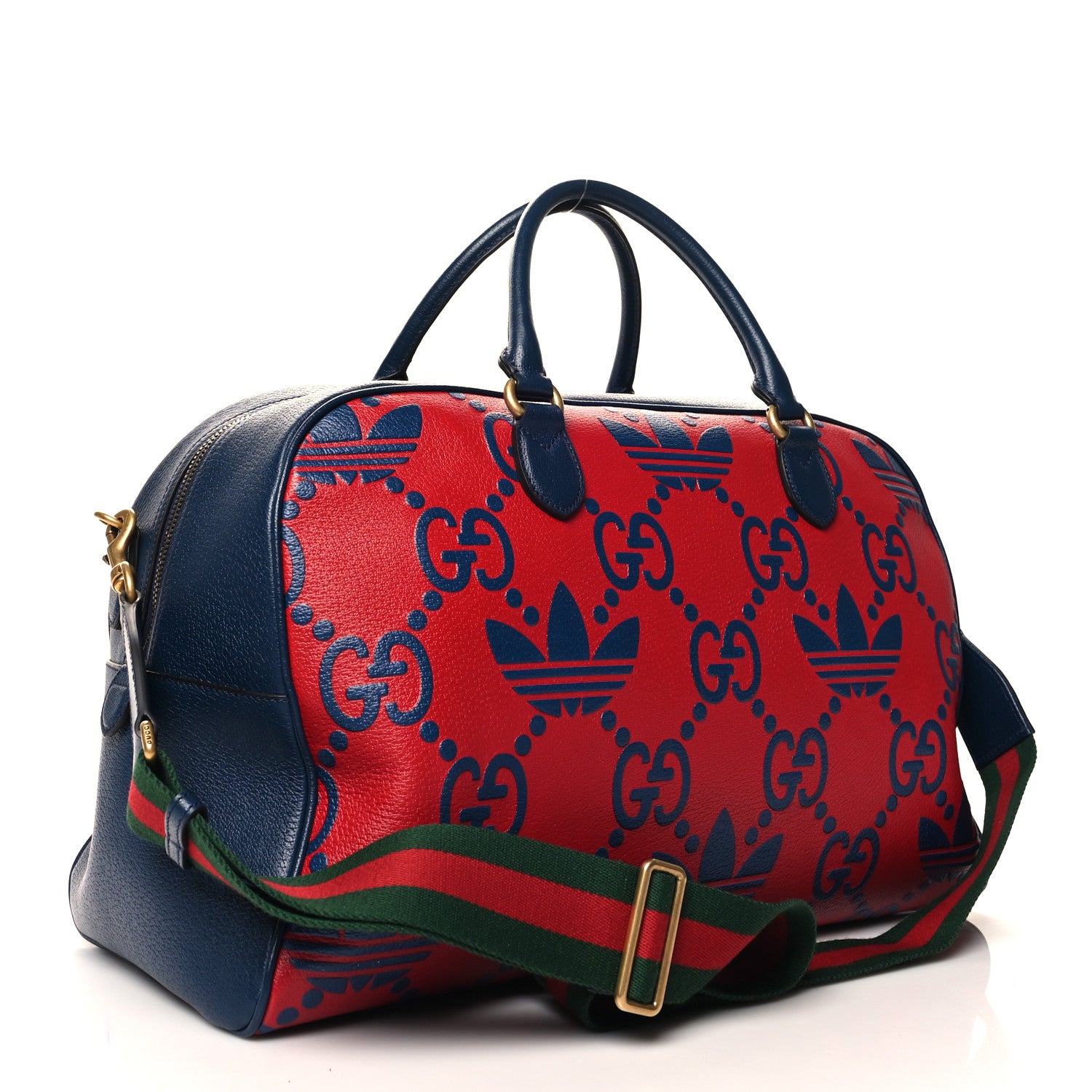 Gucci X ADIDAS Canvas Textured Dollar Calfskin Web GG Monogram Trefoil Large Bowling Bag Hibiscus Red  Blue Navy 2 of 11