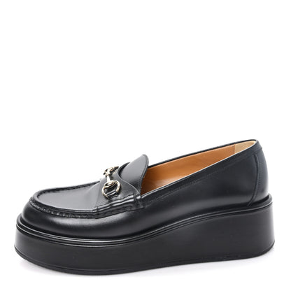 Gucci Kama Calfskin Horsebit Womens Wedge Platform Loafers 38 Black 1 of 10