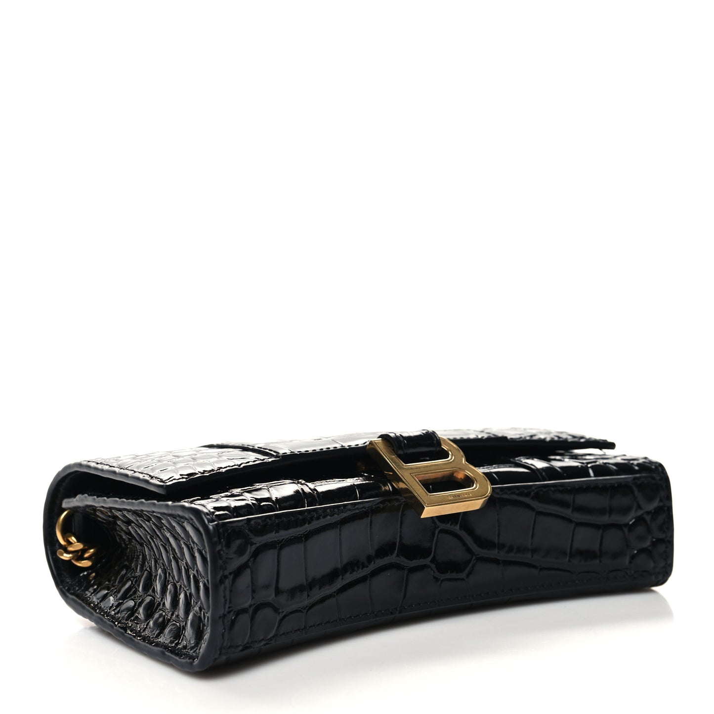 Shiny Calfskin Crocodile Embossed Hourglass Chain Bag Black
