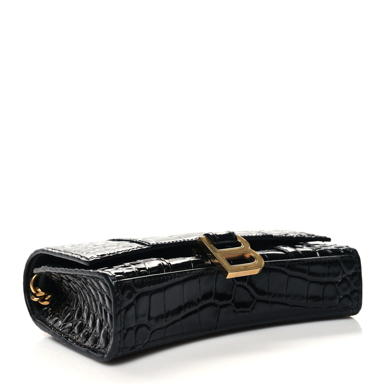 Balenciaga Shiny Calfskin Crocodile Embossed Hourglass Chain Bag Black 4 of 9