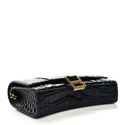 Balenciaga Shiny Calfskin Crocodile Embossed Hourglass Chain Bag Black 4 of 9
