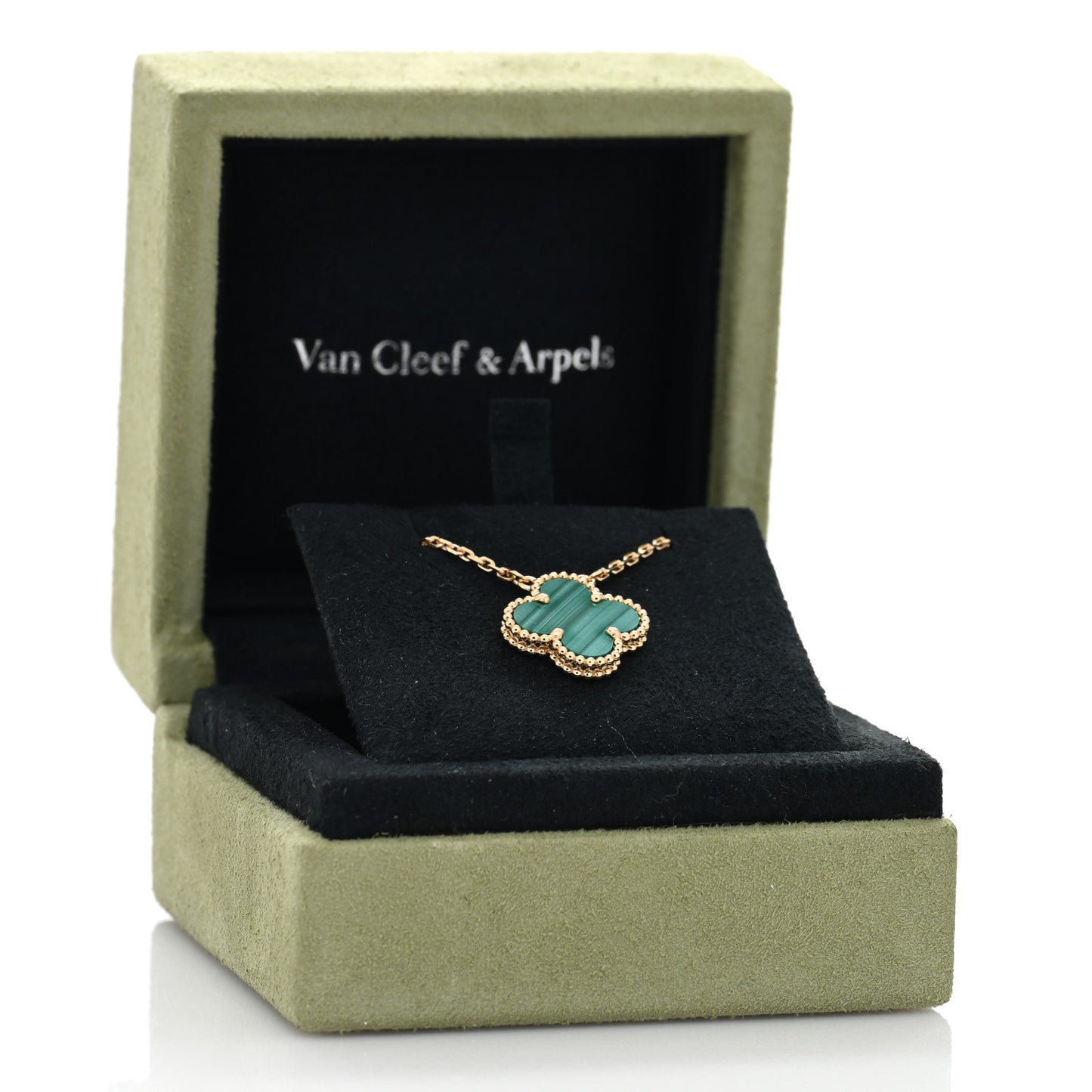 18K Yellow Gold Malachite Vintage Alhambra Pendant Necklace