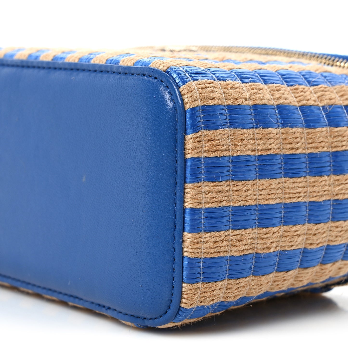 Raffia Jute Striped Small Vanity Case With Chain Blue Beige