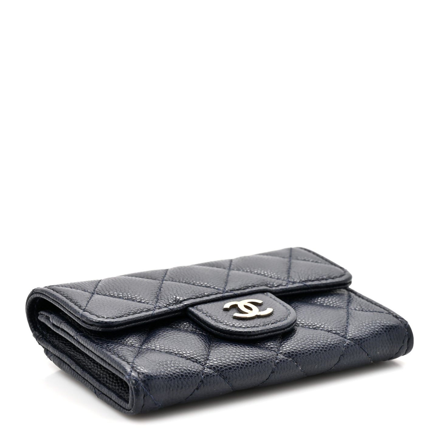 Caviar Quilted Flap Card Holder Wallet Navy Blue