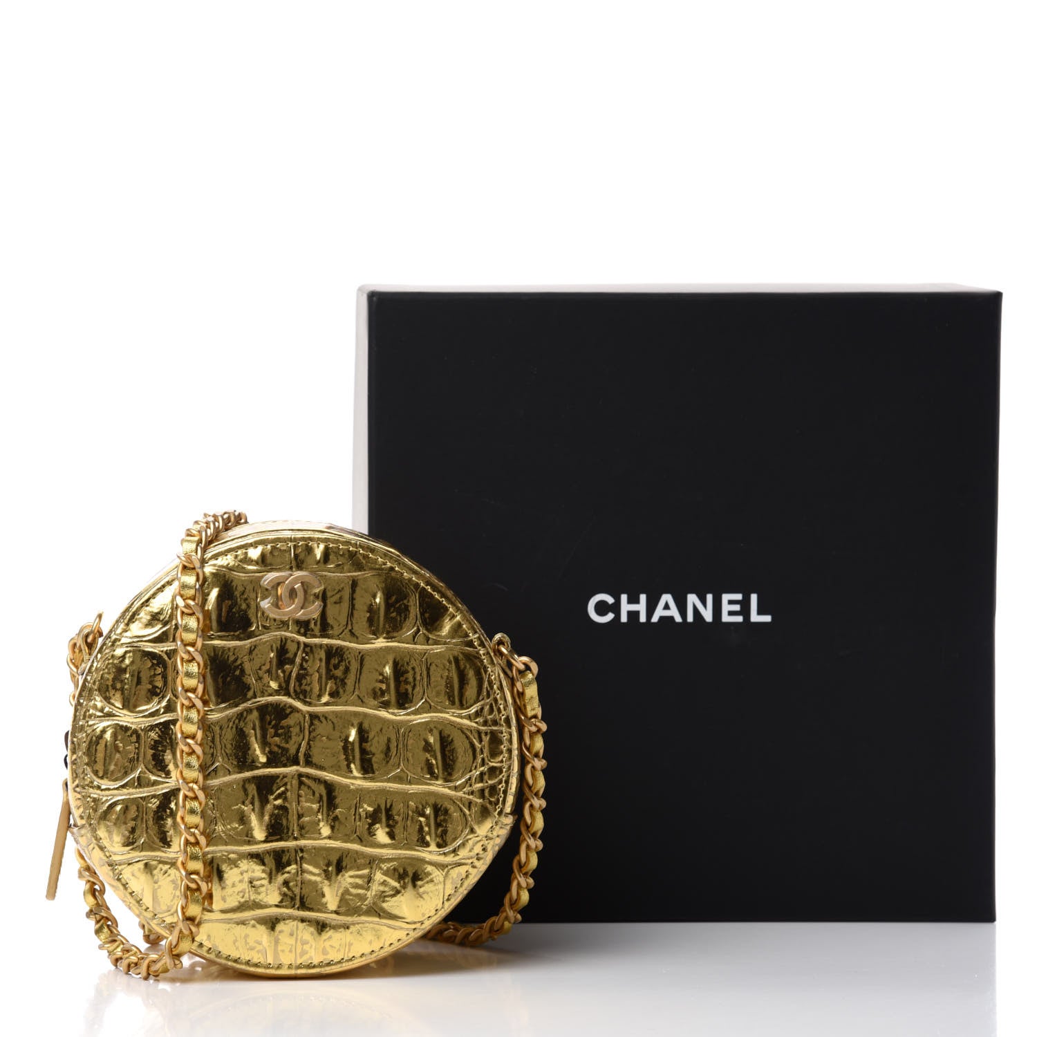 Chanel Metallic Calfskin Crocodile Embossed Cocodile Round Clutch with Chain Gold 11 of 11
