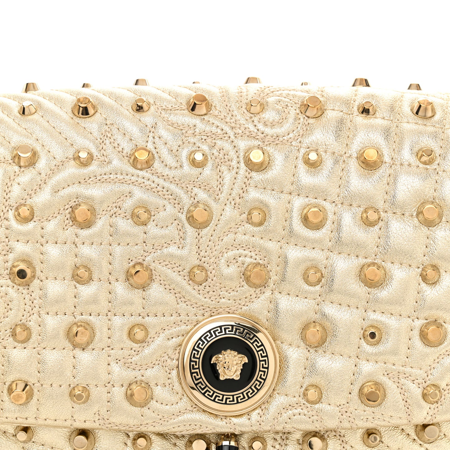 Metallic Nappa Barocco Quilted Studded Calliope Vanitas Shoulder Bag Gold