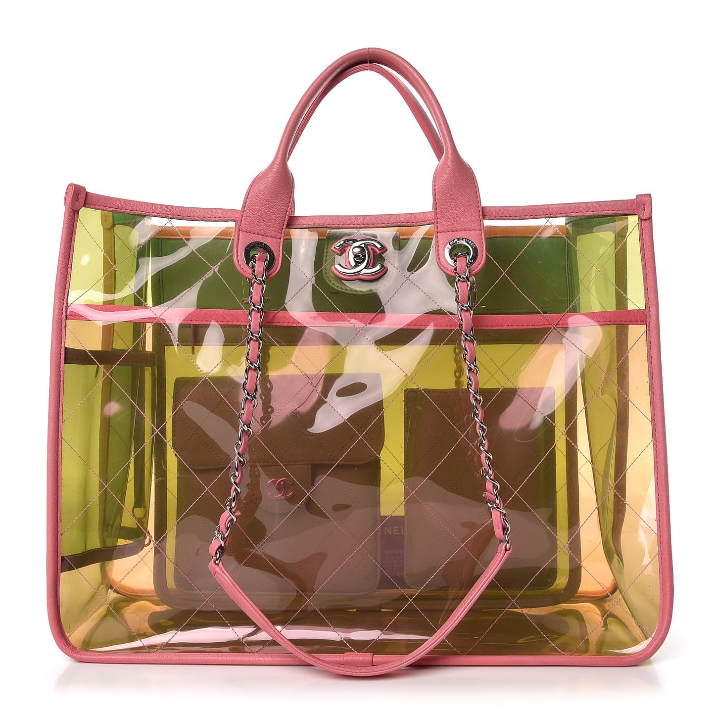 PVC Lambskin Stitched Medium Coco Splash Shopping Bag Pink Yellow