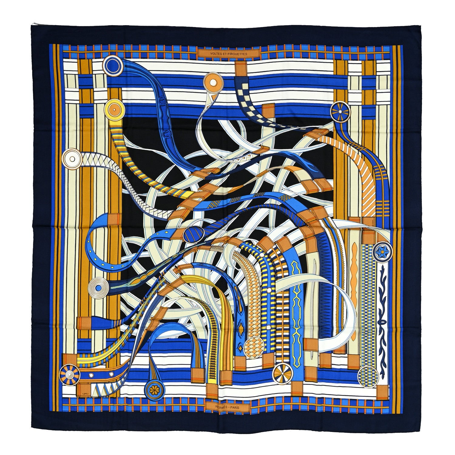 Hermes Cashmere Silk Voltes Et Pirouettes Shawl 140 Bleu Marine Gold White 1 of 5