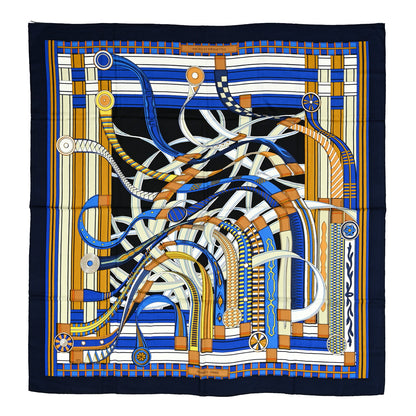 Hermes Cashmere Silk Voltes Et Pirouettes Shawl 140 Bleu Marine Gold White 1 of 5