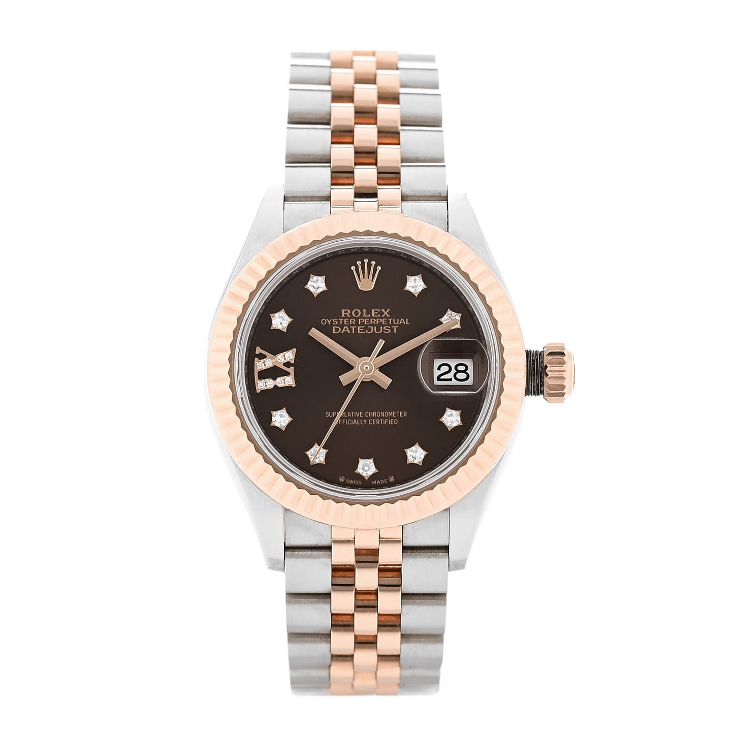 Stainless Steel 18K Everose Gold Diamond 28mm Oyster Perpetual Datejust Watch Chocolate 279171