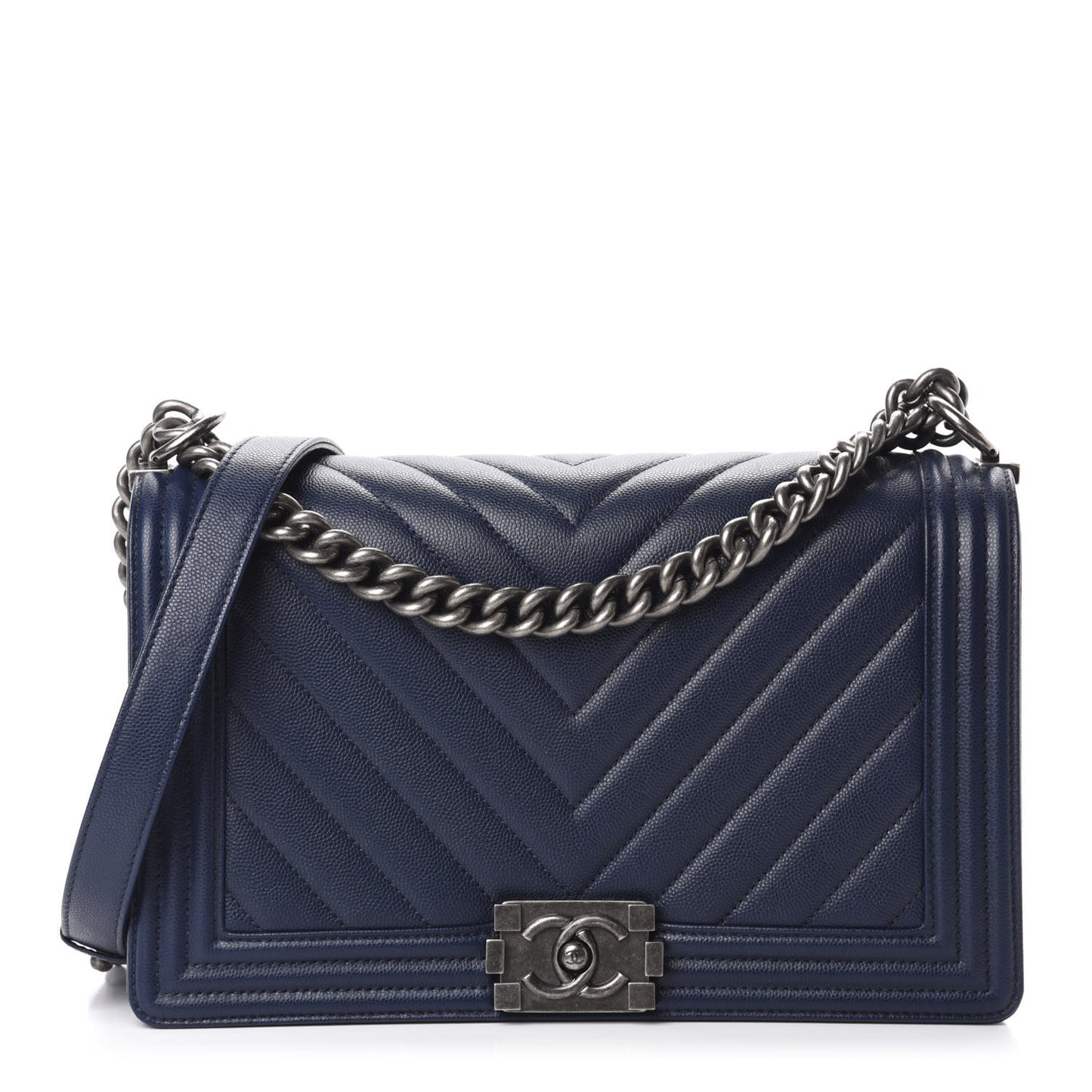 Caviar Chevron Quilted New Medium Boy Flap Dark Navy Blue