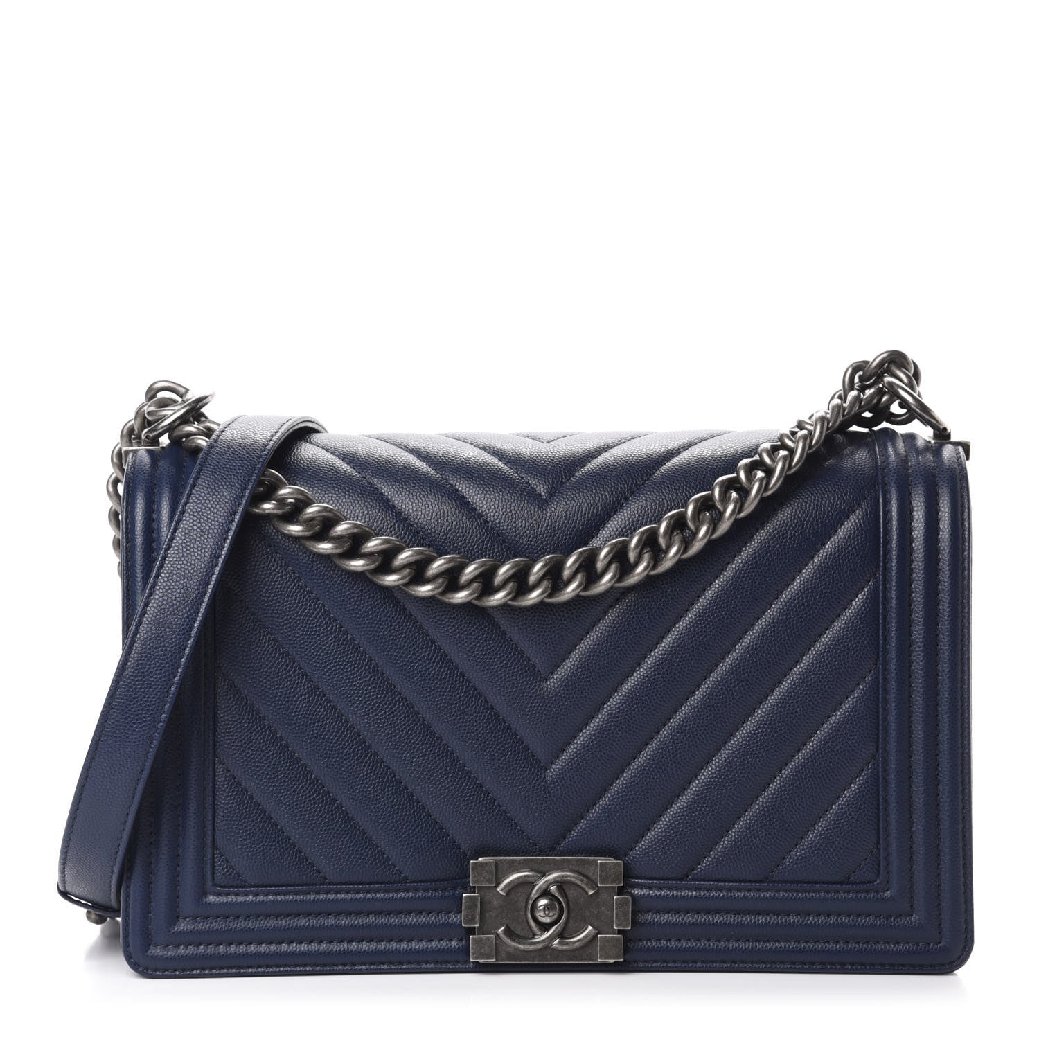 Chanel Caviar Chevron Quilted New Medium Boy Flap Dark Navy Blue 1 of 13