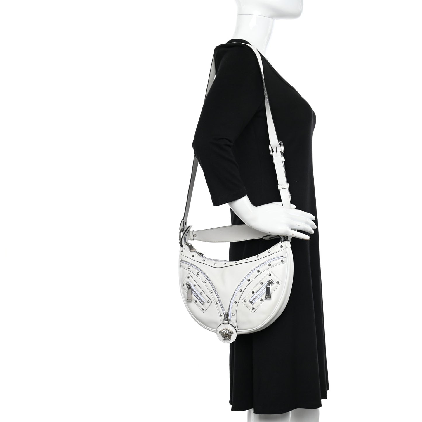 Calfskin Studded Small Repeat Zip Hobo White