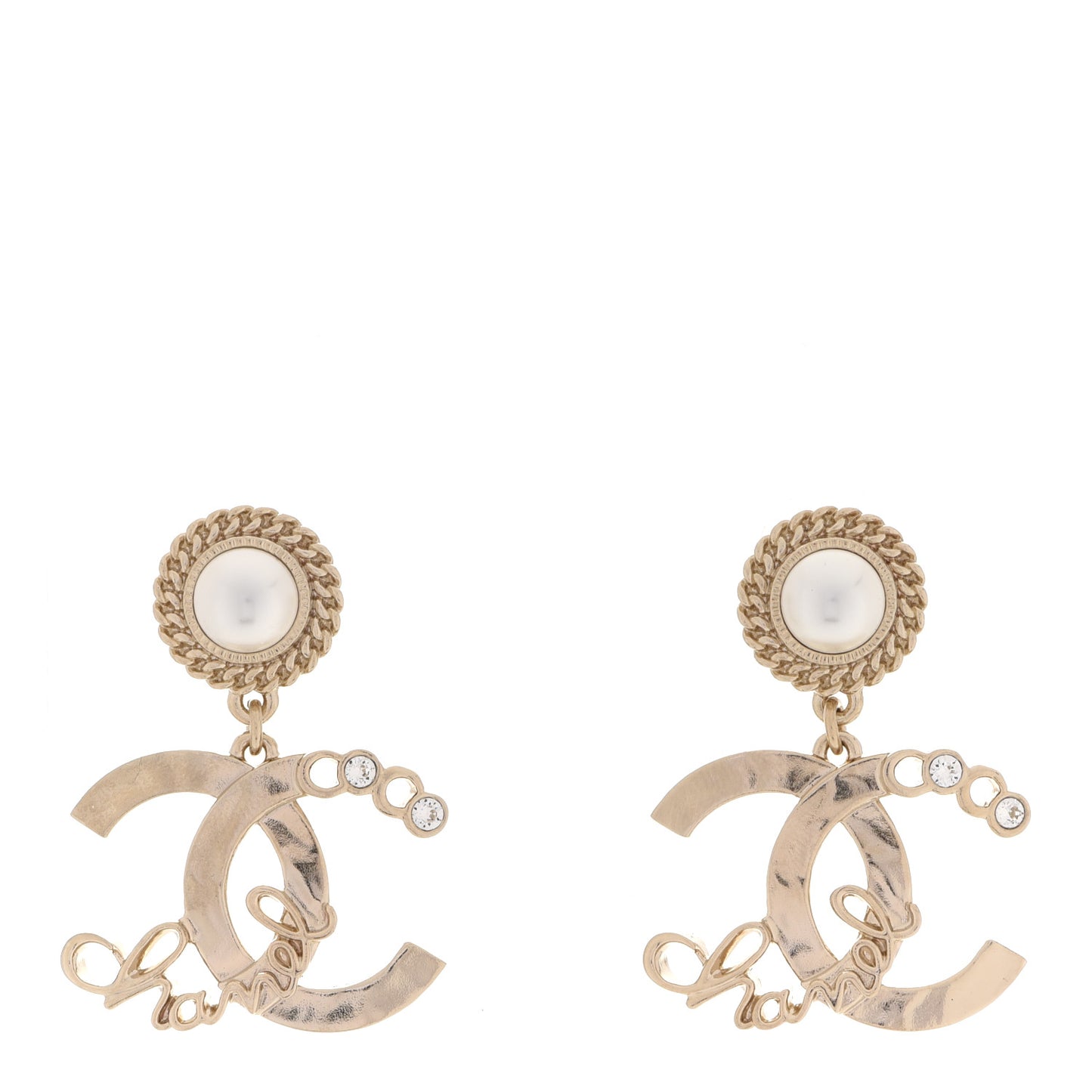 Pearl Crystal CC Logo Drop Earrings Gold