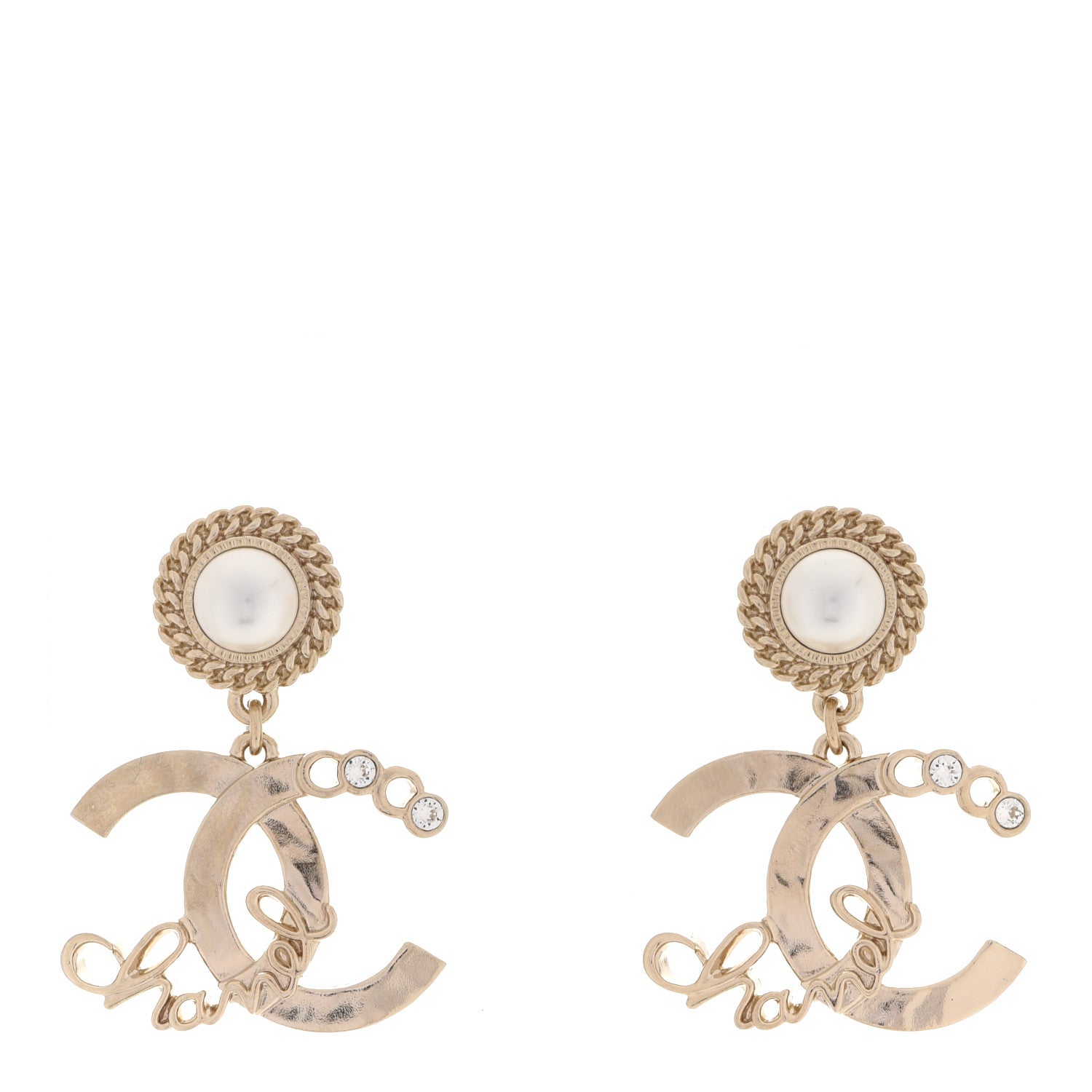 Chanel Pearl Crystal CC Logo Drop Earrings Gold 1 of 5