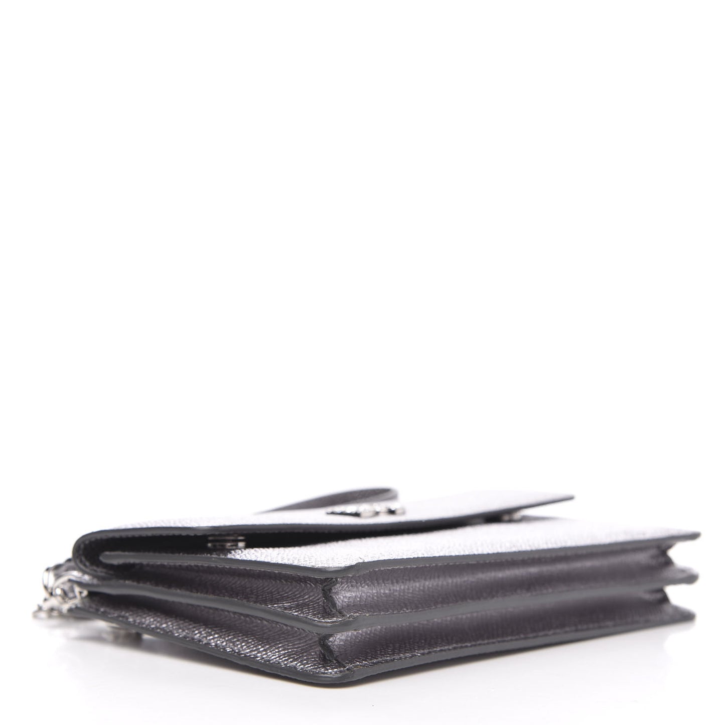 Metallic Dauphine Embellished Logo Chain Pouch Argento