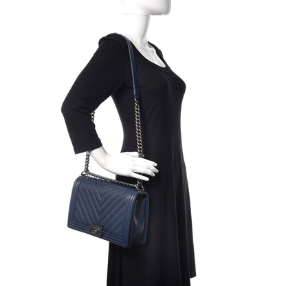 Chanel Caviar Chevron Quilted New Medium Boy Flap Dark Navy Blue 2 of 10