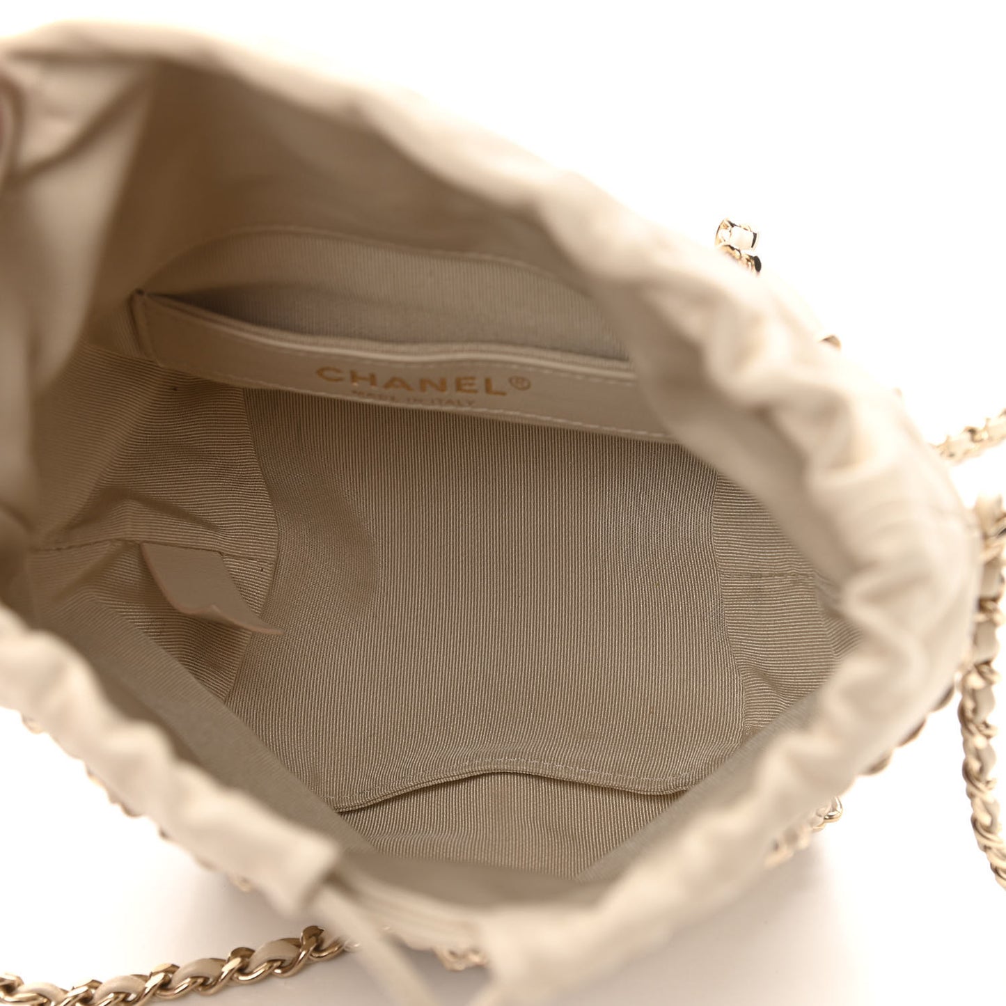 Lambskin Bucket Chain Drawstring Bag Beige