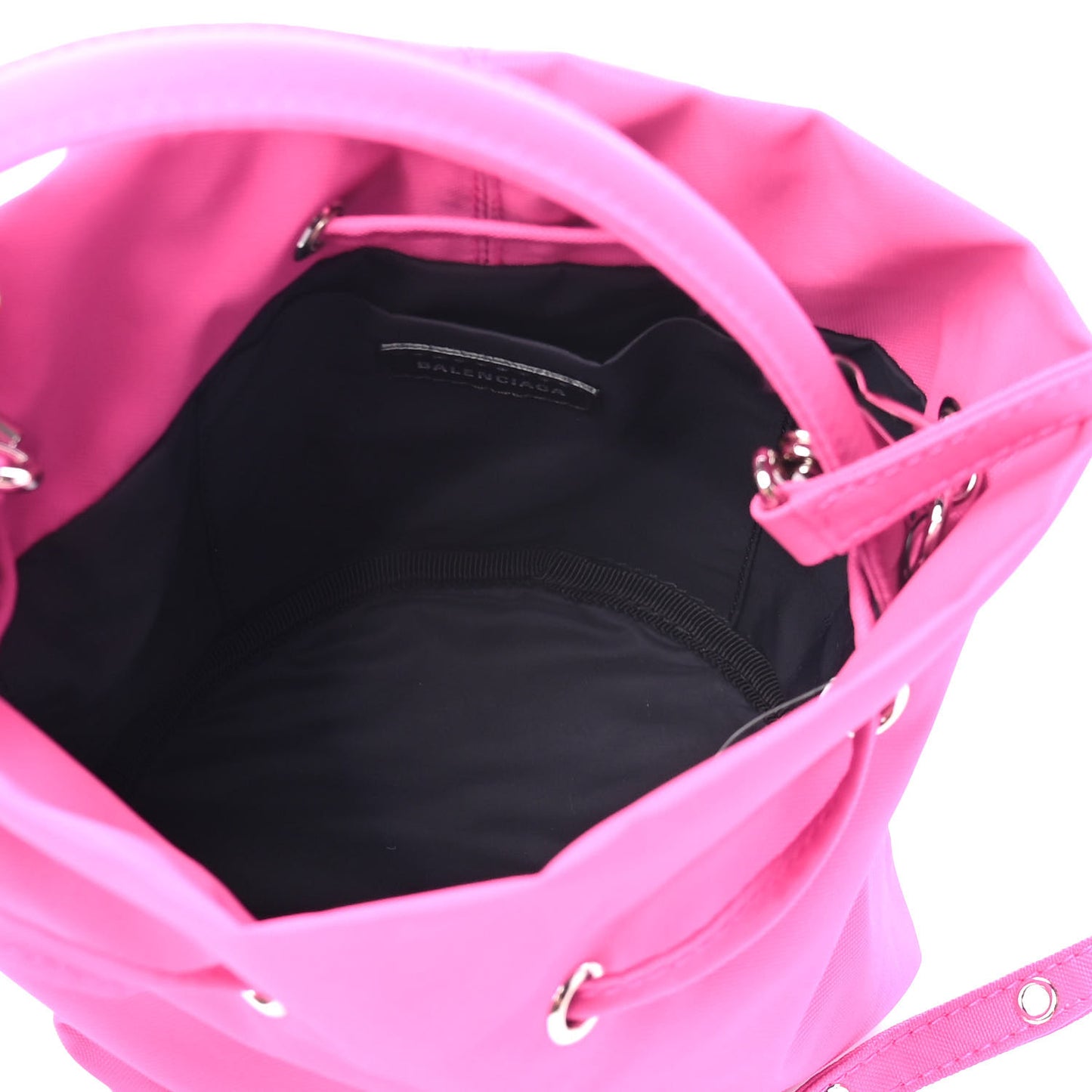 Recycled Sport Nylon Logo Embroidered Wheel Drawstring Bucket Bag Fluo Pink Black
