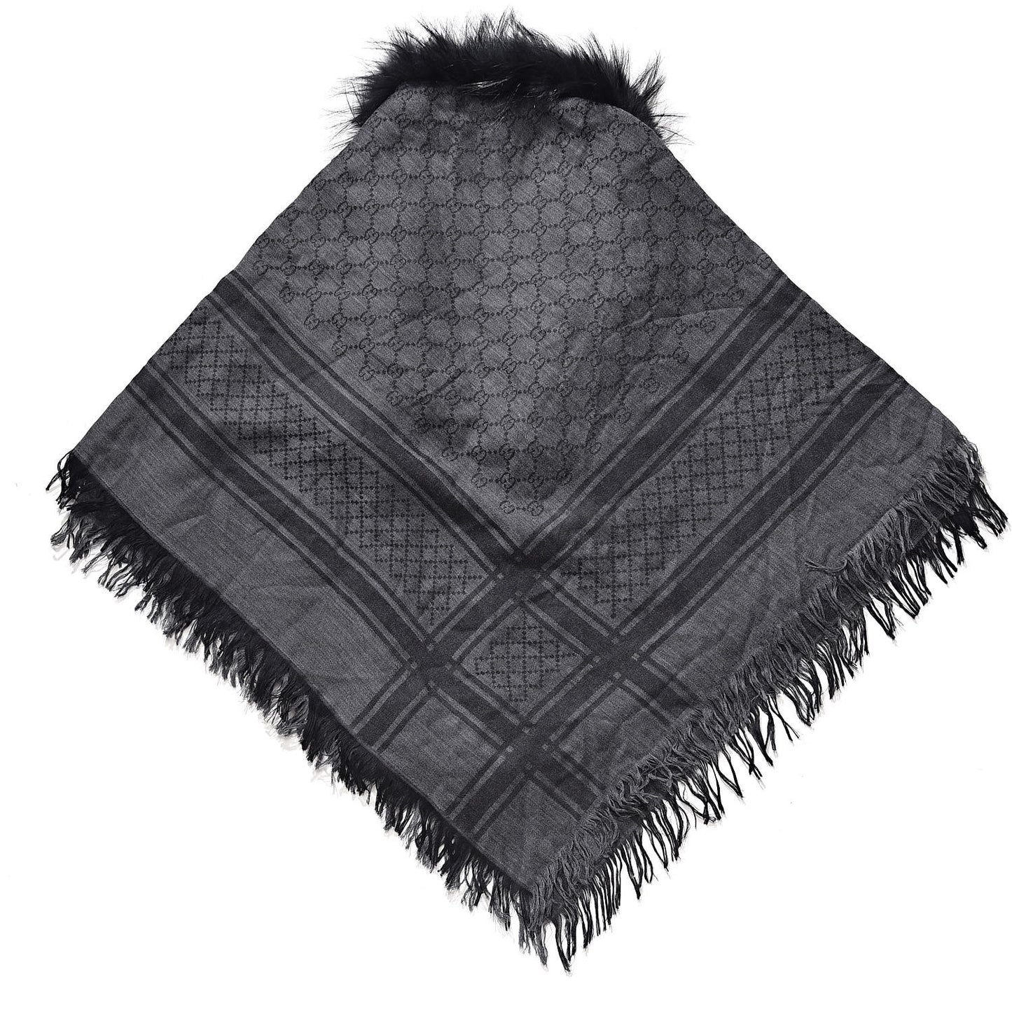 Wool Silk Fox Fur Monogram Shawl Scarf Black