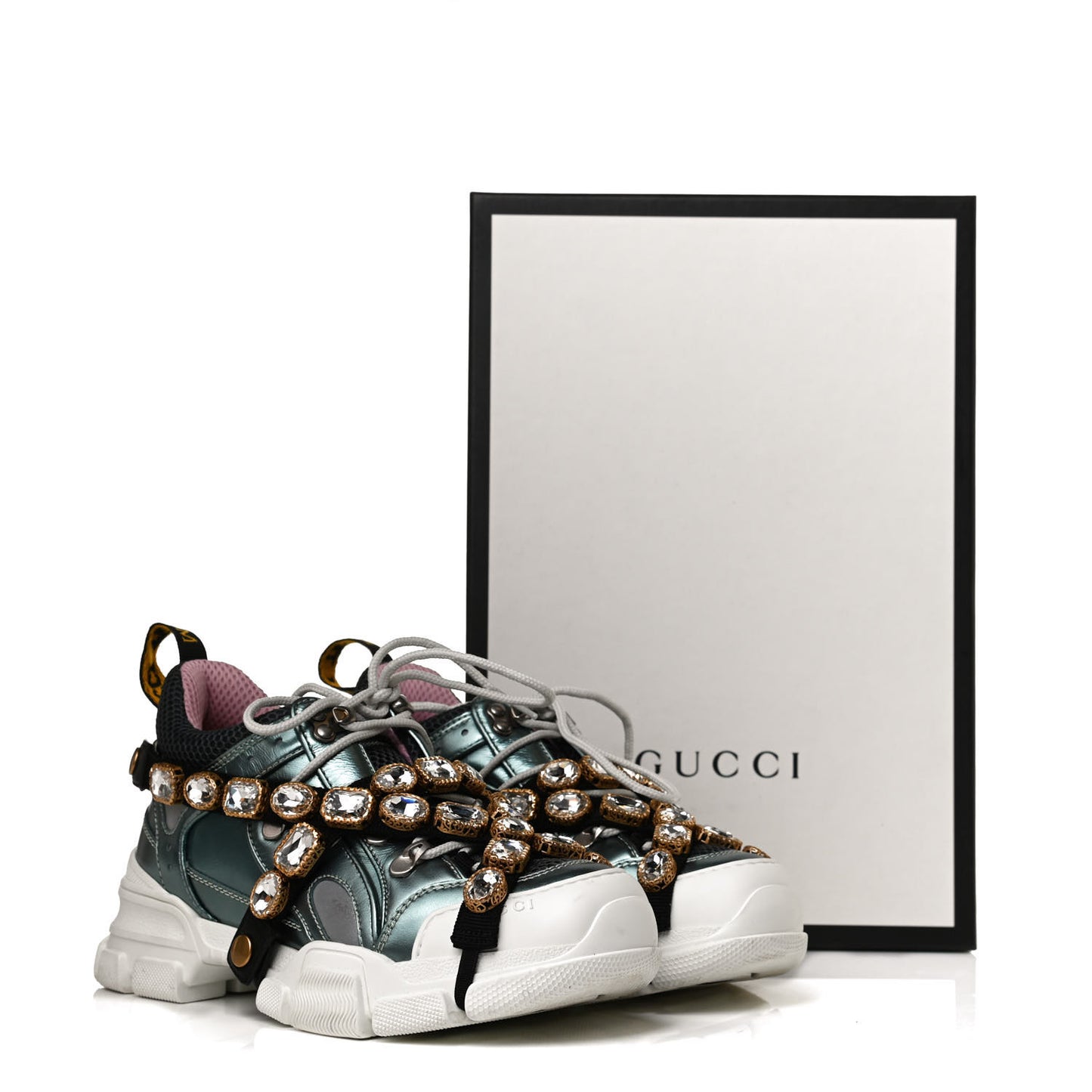 X SEGA Metallic Calfskin Removable Crystals Womens Flashtrek Sneakers 37.5 Lago Loess Silver
