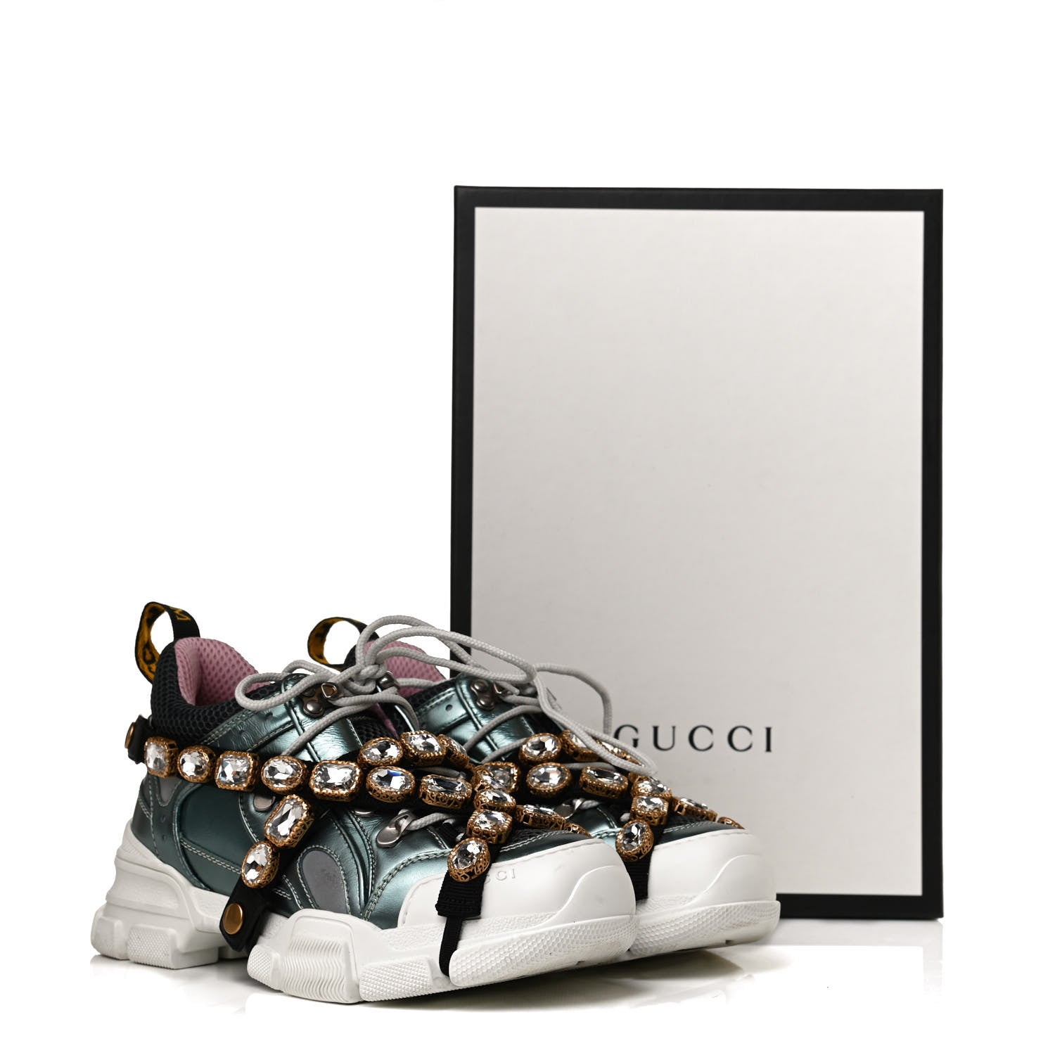 Gucci X SEGA Metallic Calfskin Removable Crystals Womens Flashtrek Sneakers 37.5 Lago Loess Silver 9 of 9