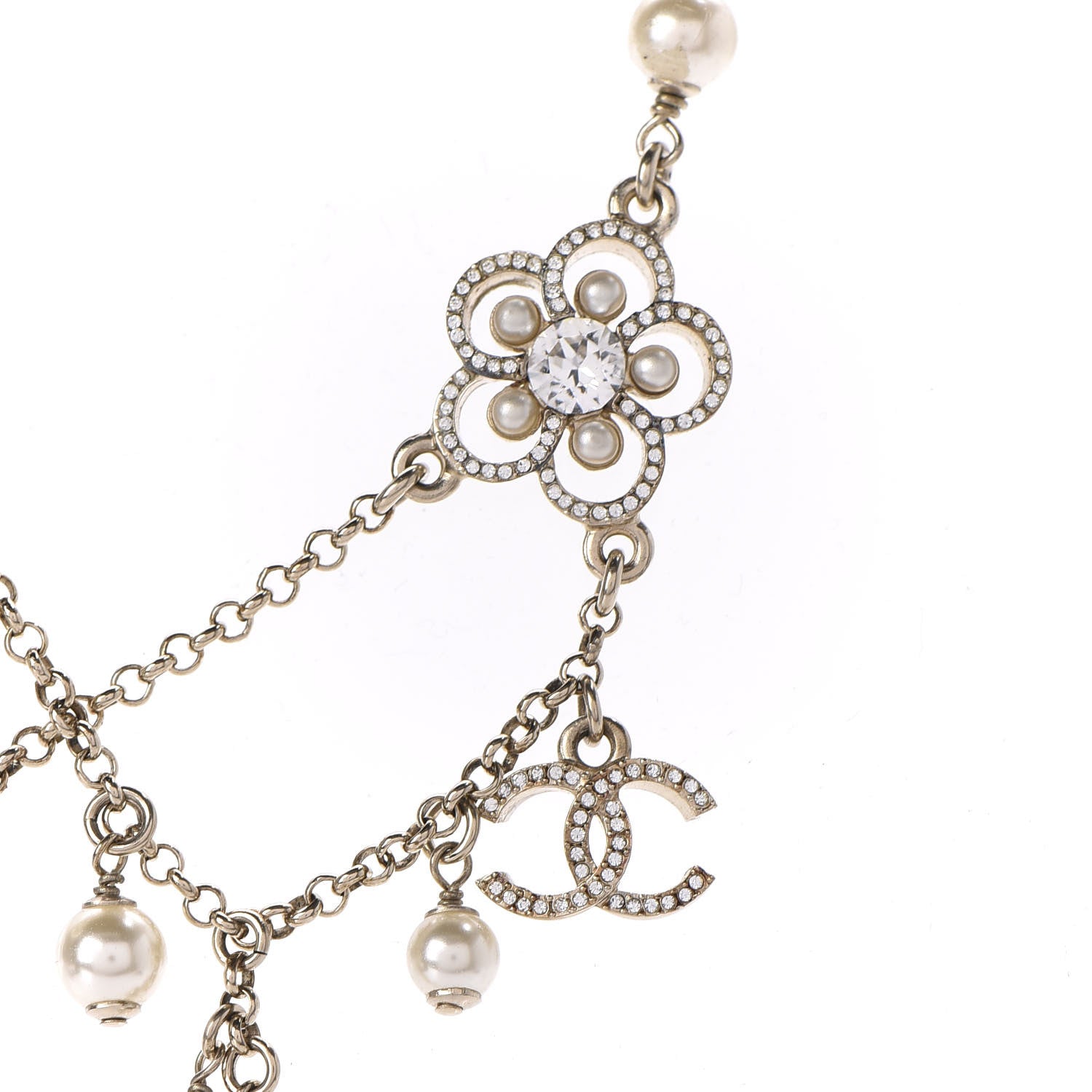 Chanel Pearl Crystal Flower CC Necklace Gold 5 of 11