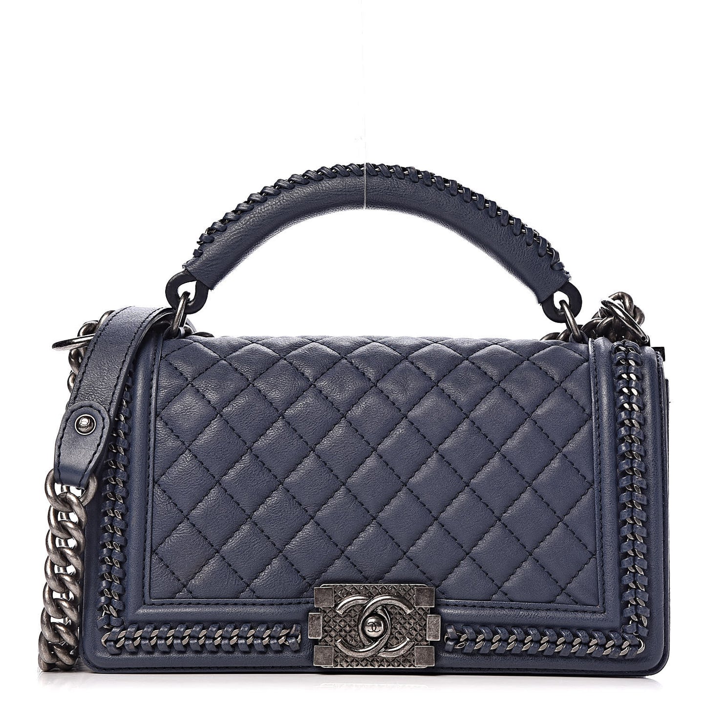 Calfskin Quilted Medium Top Handle Boy Flap Blue