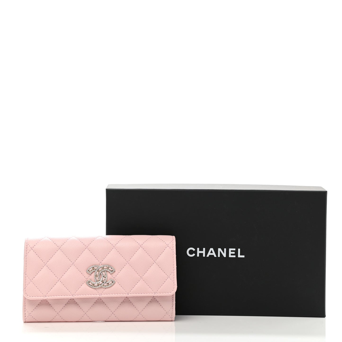 Caviar Quilted Crystal CC Large Gusset Flap Wallet Pink