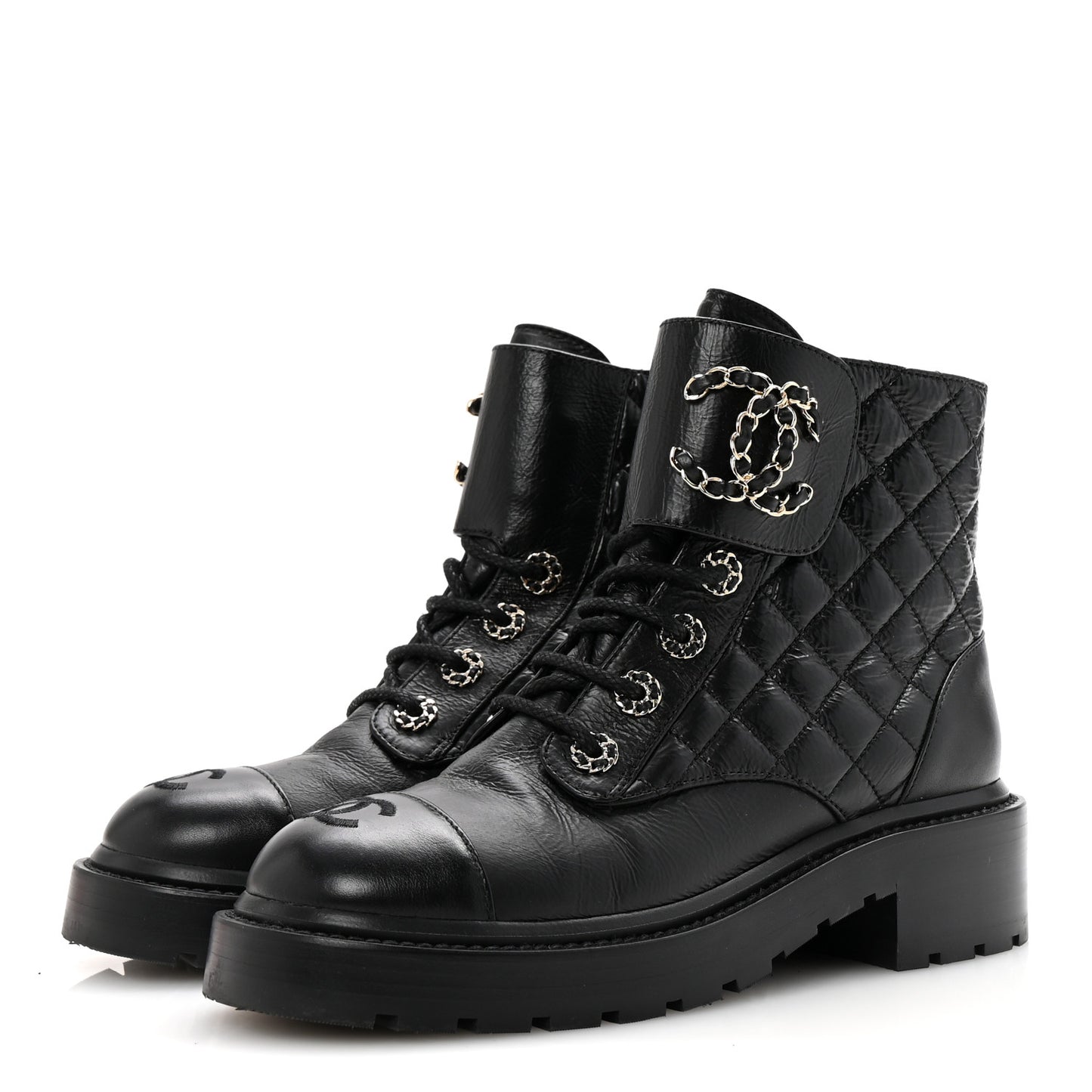 Shiny Goatskin Calfskin Quilted Lace Up Combat Boots 36.5 Black
