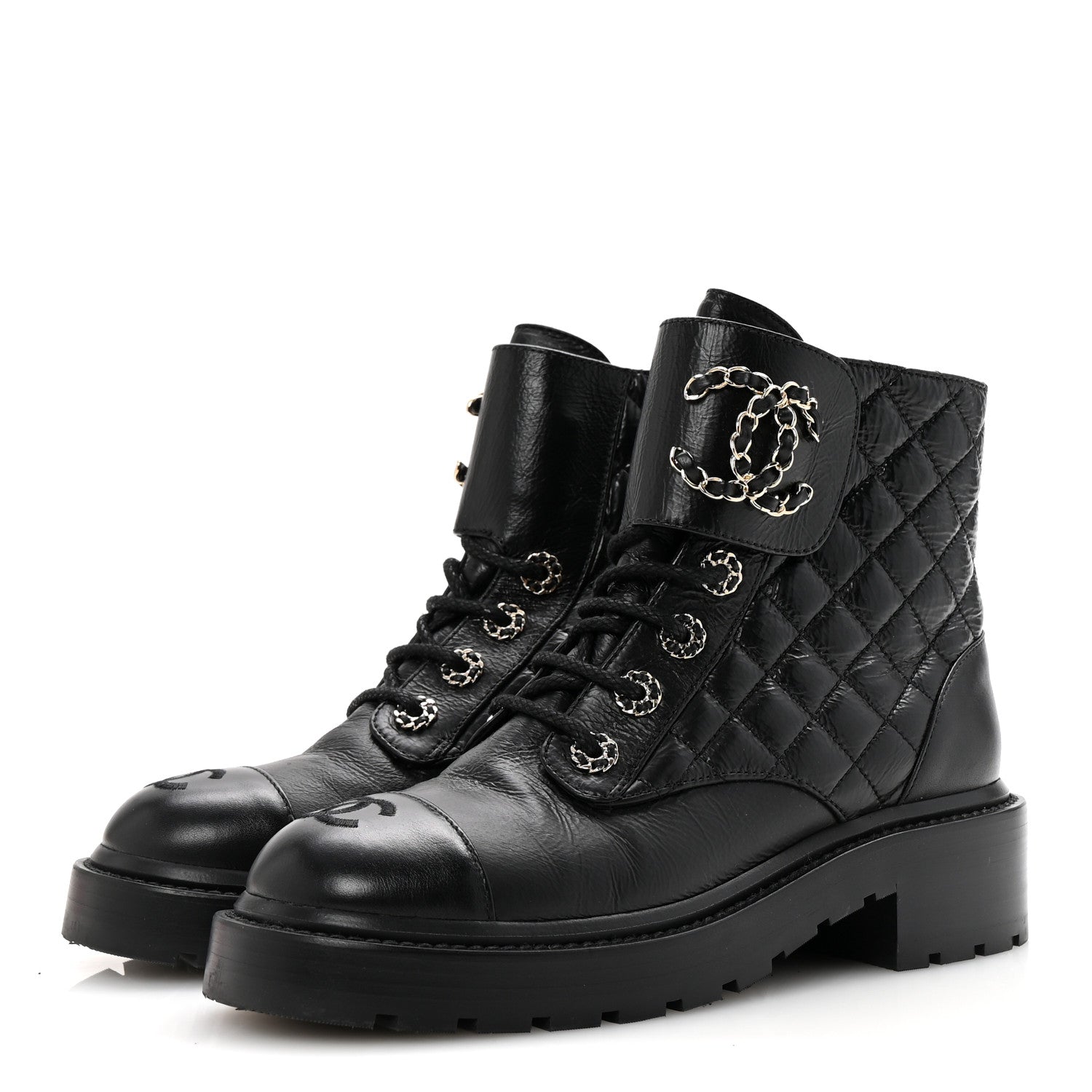 Chanel Shiny Goatskin Calfskin Quilted Lace Up Combat Boots 36.5 Black 4 of 10