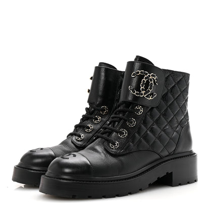 Chanel Shiny Goatskin Calfskin Quilted Lace Up Combat Boots 36.5 Black 4 of 10