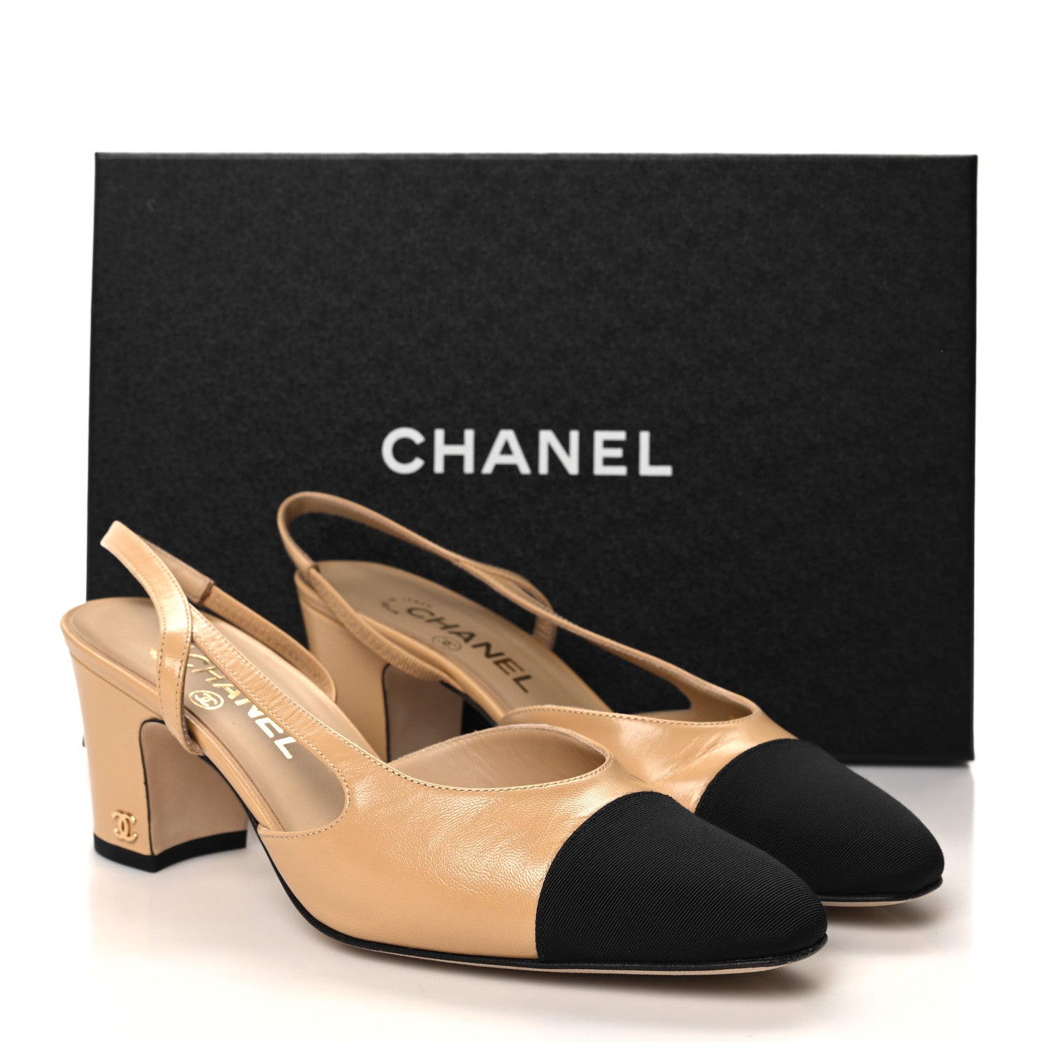 Chanel Goatskin Grosgrain Cap Toe CC Slingback Pumps 38.5 Beige Black 9 of 9