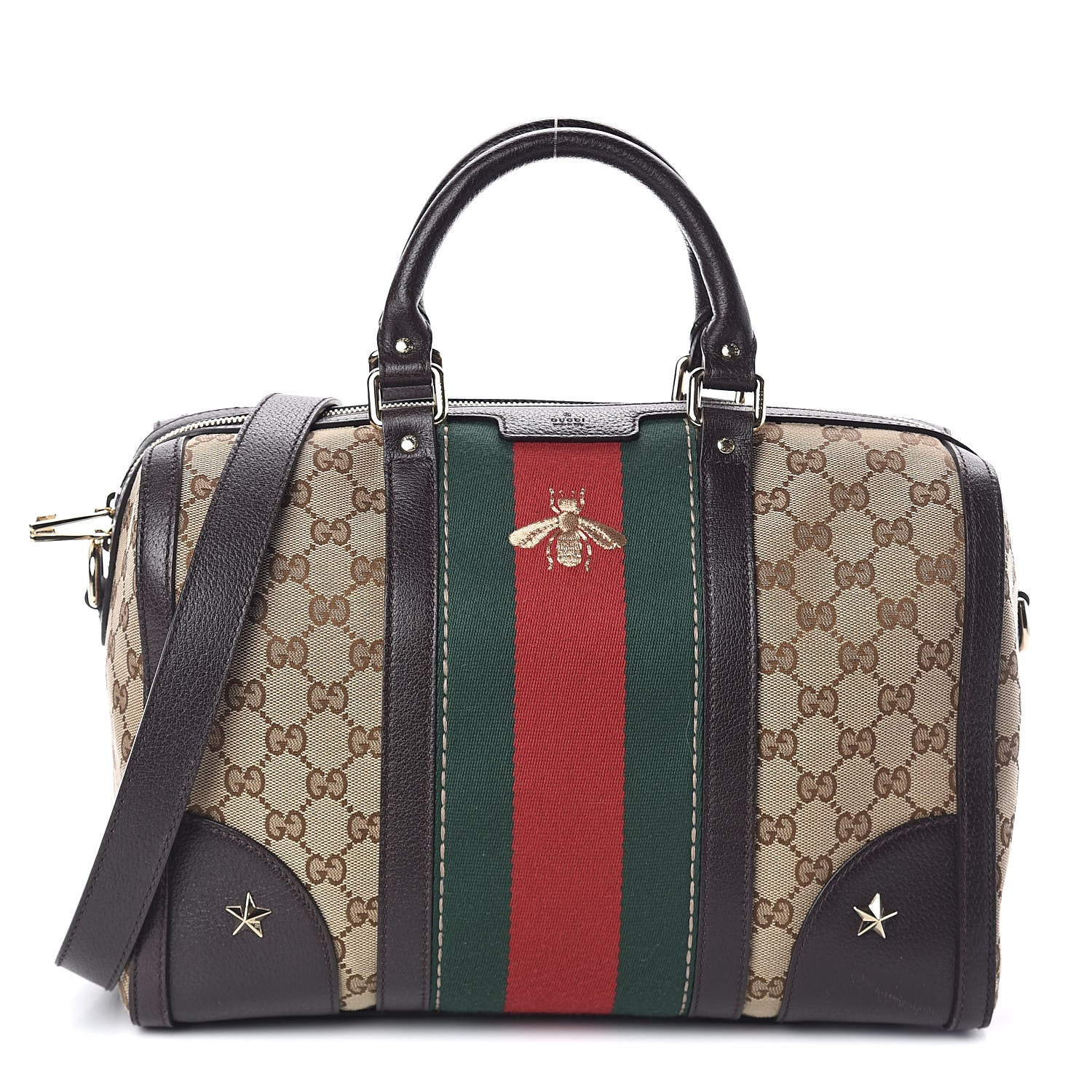 Gucci Monogram Vintage Web Medium Webby Bee Boston Dark Brown 1 of 10