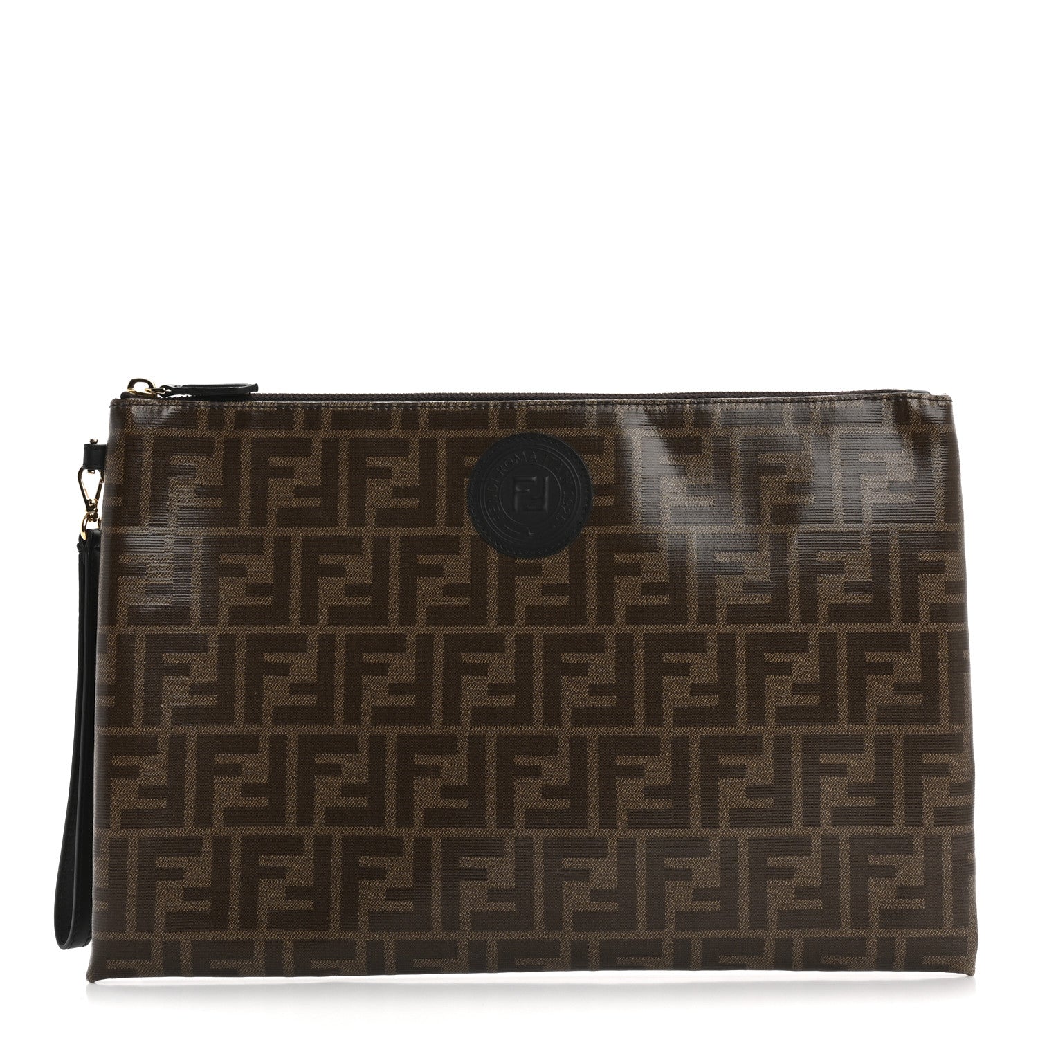 Fendi Glazed Fabric Vitello Century FF 1974 Stamp Patch Large Flat Pouch Mogano Panna Black 1 of 12