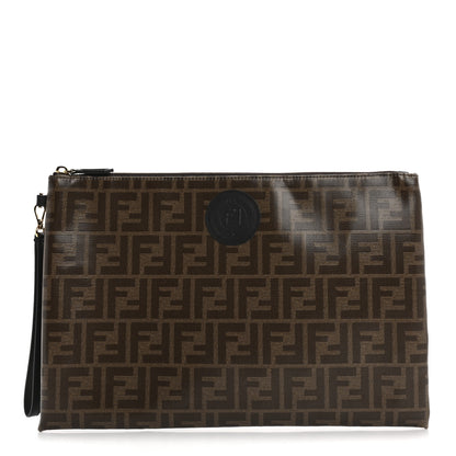 Fendi Glazed Fabric Vitello Century FF 1974 Stamp Patch Large Flat Pouch Mogano Panna Black 1 of 12