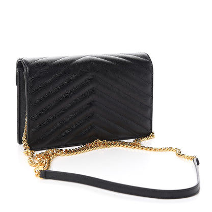 Saint Laurent Grain De Poudre Matelasse Chevron Monogram Envelope Chain Wallet Black 3 of 11