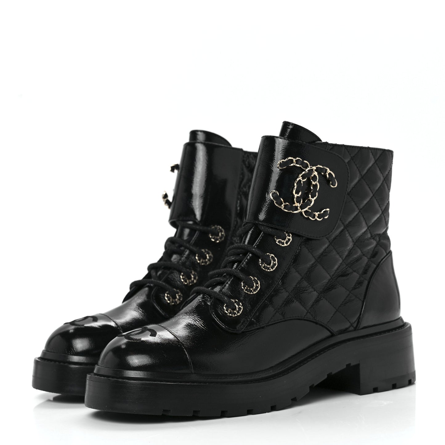Shiny Goatskin Calfskin Quilted Lace Up Combat Boots 37 Black
