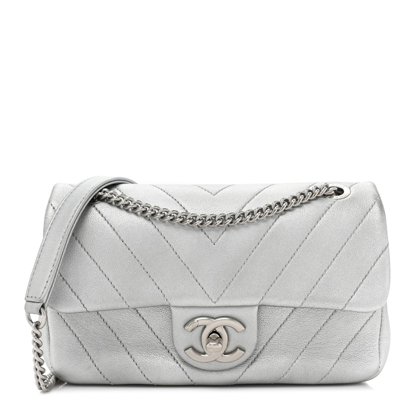 Metallic Lambskin Chevron Quilted Mini Rectangular Flap Silver