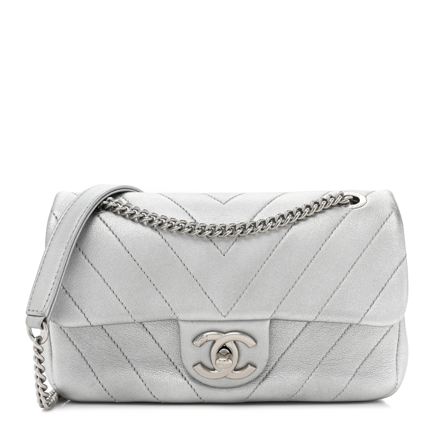 Chanel Metallic Lambskin Chevron Quilted Mini Rectangular Flap Silver 1 of 9