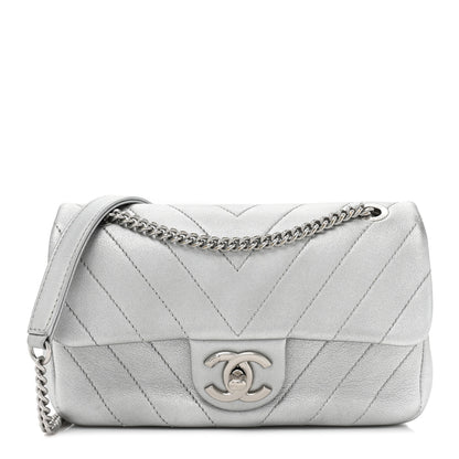 Chanel Metallic Lambskin Chevron Quilted Mini Rectangular Flap Silver 1 of 9